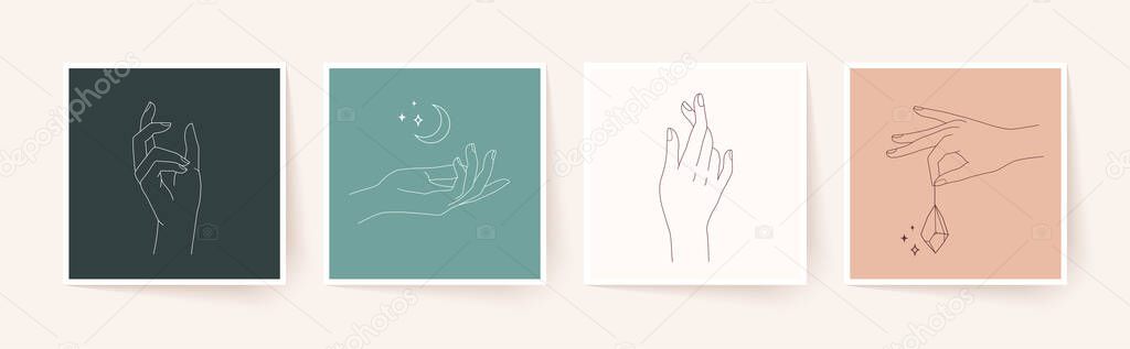 Set of female hands in minimal linear style. Modern single line art. Vector illustration, EPS 10