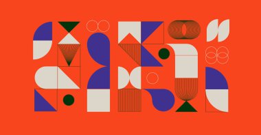 Geometrik şekilleri ve yarım ton dokuları olan modern soyut arkaplan. İskandinav tarzında minimalist geometrik desen. Eşsiz tasarımınız için trend vektör grafik ögeleri.