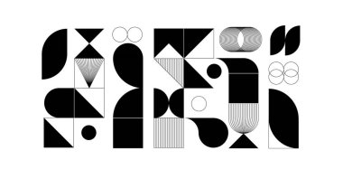 Geometrik şekilleri ve yarım ton dokuları olan modern soyut arkaplan. İskandinav tarzında minimalist geometrik desen. Eşsiz tasarımınız için trend vektör grafik ögeleri.