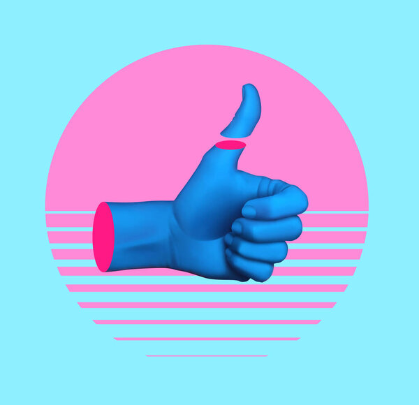 Contemporary art collage with hand showing thumb up. Memphis style poster concept. Minimal art, 3d illustration.