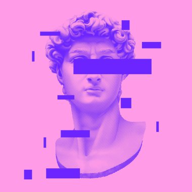 Vektör Michelangelo 'nun David büstü. Estetik çağdaş sanat kolajı. Vaporwave tarzı poster konsepti. Duotone renkli ilüstrasyon.