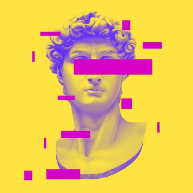 Vektör Michelangelo 'nun David büstü. Estetik çağdaş sanat kolajı. Vaporwave tarzı poster konsepti. Duotone renkli ilüstrasyon.