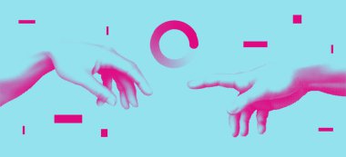 Adem 'in yaratılışı. Çağdaş sanat kolajı. Vaporwave tarzı poster konsepti. Çift renkli arkaplan.