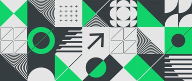 Geometrik şekilleri ve yarım ton dokuları olan modern soyut arkaplan. İskandinav tarzında minimalist geometrik desen. Eşsiz tasarımınız için trend vektör grafik ögeleri.