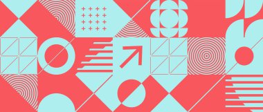 Geometrik şekilleri ve yarım ton dokuları olan modern soyut arkaplan. İskandinav tarzında minimalist geometrik desen. Eşsiz tasarımınız için trend vektör grafik ögeleri.