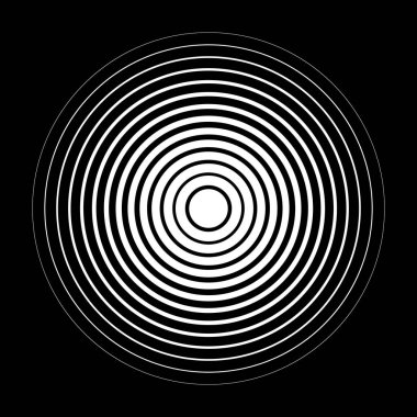 Eş merkezli daireli tek renkli doku. Soyut, hipnotik arka plan. Siyah beyaz grafik tasarım elementi. Ses dalgası vektör illüstrasyonu.
