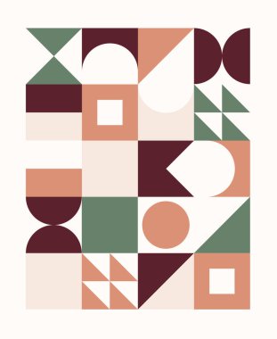 İskandinav tarzında renkli geometrik desen. Minimum geometrik şekiller kompozisyonlar. Broşürler, posterler, kapaklar ve afişler için uygulanabilir.