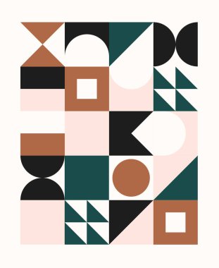 İskandinav tarzında renkli geometrik desen. Minimum geometrik şekiller kompozisyonlar. Broşürler, posterler, kapaklar ve afişler için uygulanabilir.