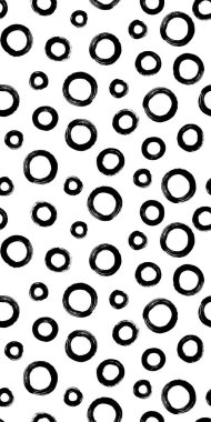 Fırça darbesi tekniğinde yüzüklerle siyah ve beyaz desenli. Rastgele boyanmış daireler ile vektör soyut arkaplan.