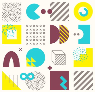 Parlak, kalın geometrik şekilli, kusursuz bir şekil. Hipster Memphis tarzı. Eşsiz tasarımınız için modaya uygun grafik ögeleri.