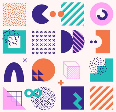 Parlak, kalın geometrik şekilli, kusursuz bir şekil. Hipster Memphis tarzı. Eşsiz tasarımınız için modaya uygun grafik ögeleri.