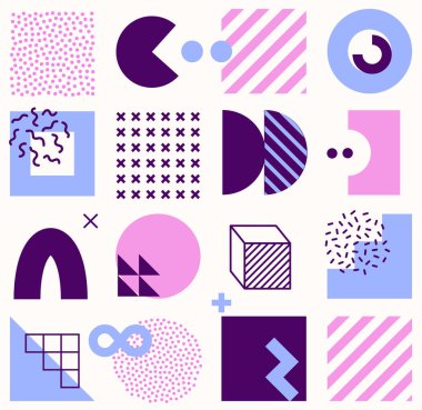 Parlak, kalın geometrik şekilli, kusursuz bir şekil. Hipster Memphis tarzı. Eşsiz tasarımınız için modaya uygun grafik ögeleri.