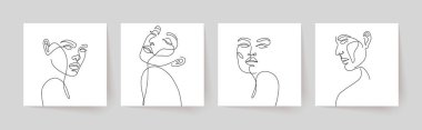 Bir dizi vektör stilize kadın yüzü. Modern tek satır sanatı. Kadın güzellik moda konsepti, minimalist tarz..