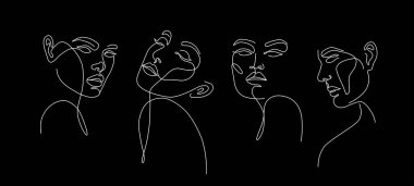Bir dizi vektör stilize kadın yüzü. Modern tek satır sanatı. Kadın güzellik moda konsepti, minimalist tarz..