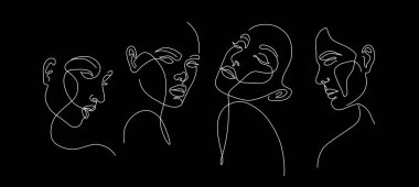 Bir dizi vektör stilize kadın yüzü. Modern tek satır sanatı. Kadın güzellik moda konsepti, minimalist tarz..