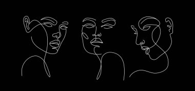 Bir dizi vektör stilize kadın yüzü. Modern tek satır sanatı. Kadın güzellik moda konsepti, minimalist tarz..