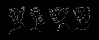 Bir dizi vektör stilize kadın yüzü. Modern tek satır sanatı. Kadın güzellik moda konsepti, minimalist tarz..