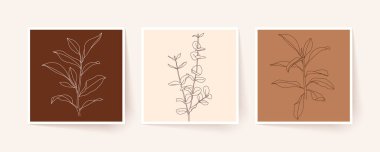 Tropikal yaprak ve dalların çizimi. Modern tek satır sanatı. Vektör illüstrasyonu, EPS 10.