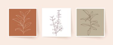 Tropikal yaprak ve dalların çizimi. Modern tek satır sanatı. Vektör illüstrasyonu, EPS 10.