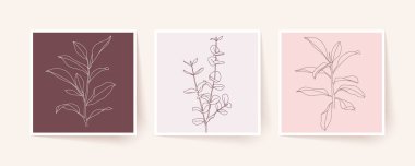 Tropikal yaprak ve dalların çizimi. Modern tek satır sanatı. Vektör illüstrasyonu, EPS 10.