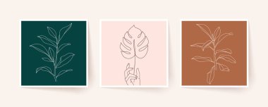 Tropikal yaprak ve dalların çizimi. Modern tek satır sanatı. Vektör illüstrasyonu, EPS 10.