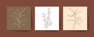 Tropikal yaprak ve dalların çizimi. Modern tek satır sanatı. Vektör illüstrasyonu, EPS 10.