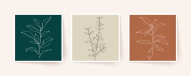 Tropikal yaprak ve dalların çizimi. Modern tek satır sanatı. Vektör illüstrasyonu, EPS 10.