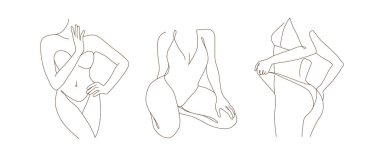 Soyut minimalist kadın vücutları. Modern tek satır sanatı. Kadın güzellik moda konsepti, minimalist tarz. Vektör illüstrasyonu, EPS 10.