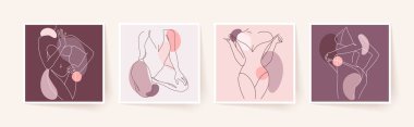 Soyut minimalist kadın vücutları. Modern tek satır sanatı. Kadın güzellik moda konsepti, minimalist tarz. Vektör illüstrasyonu, EPS 10.