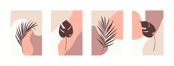 Moderne Minimal Poster Mit Tropischen Blättern Und Abstrakten Organischen Formen — Stockvektor