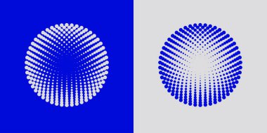 Renkli yarım tonlu radyal desenler. Dotty daireleri logo tasarımı. Vektör duotone soyut arkaplan. EPS 10.