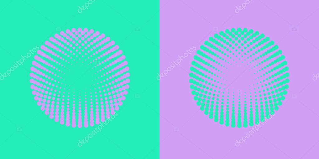 Colorful halftone radial patterns. Dotty circles logo design. Vector duotone abstract background. EPS 10.
