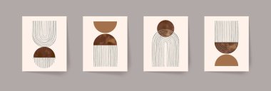 Soyut el boyalı geometrik kompozisyonlar seti. Orta çağ modern posterleri. Boho duvar dekoru. Vektör illüstrasyonu, EPS 10.