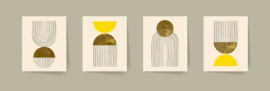 Soyut el boyalı geometrik kompozisyonlar seti. Orta çağ modern posterleri. Boho duvar dekoru. Vektör illüstrasyonu, EPS 10.