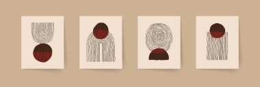 Soyut el boyalı geometrik kompozisyonlar seti. Orta çağ modern posterleri. Boho duvar dekoru. Vektör illüstrasyonu, EPS 10.