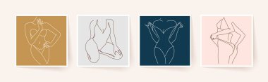 Soyut minimalist kadın vücutları. Modern tek satır sanatı. Kadın güzellik moda konsepti, minimalist tarz. Vektör illüstrasyonu, EPS 10.