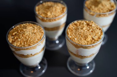 Yoğurtlu tatlı, süzme peynir, mandalina, kurabiye ve krema bardakta.. 