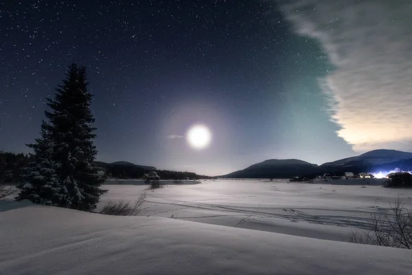 Nocny Zimowy Krajobraz Świetle Pełni Księżyca Pełen — Zdjęcie stockowe