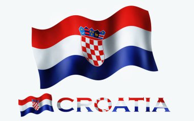 Kopya alanı için metin içeren Hırvat amblem bayrağı simgesi. Hırvatistan beyaz boşluklu CROATIA metniyle kumaş dokusuna sahip bayrak illüstrasyonu