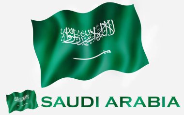 Suudi Arabistan Krallığı bayrak simgesi. Kopya alanı için metin. Suudi Arabistan bayraklı, kumaş desenli, beyaz uzay ile SAUDI ARABIA metni