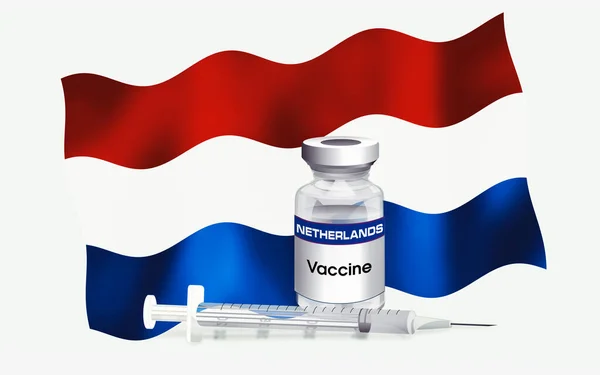 Netherlands emblem flag with vial of antibiotic for vaccination of diseases. Illustration of netherlands flag with vaccine vial and Syringe. Serie Concept Vaccination