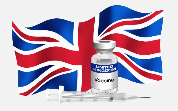 Flagge Des Vereinigten Königreichs Mit Fläschchen Mit Antibiotika Zur Impfung lizenzfreie Stockfotos