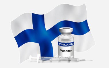 Hastalık aşılama için üzerinde bir şişe antibiyotik bulunan Fin amblemi bayrağı. Aşı şişesi ve şırıngayla Finlandiya bayrağı. Ciddi Kavram Aşılama