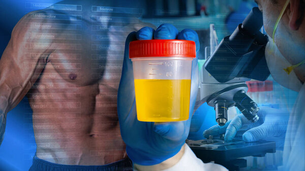 Doctor with a container with urine sample and in the background a list of prohibited substances with the body of an athlete next to a scientist examining a sample under a microscope. Concept doping and prohibited substances in sport