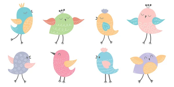 Set Disegnato Mano Simpatici Uccelli Elementi Piatti Vettoriali Isolati Sfondo — Vettoriale Stock