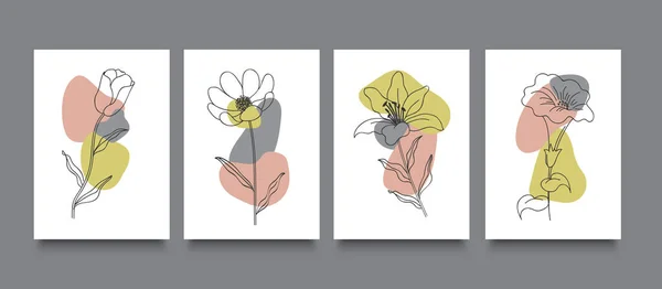 Flower Line Art Minimalistisches Kartenset Flachen Stil Eine Linienzeichnung Minimale Stockvektor