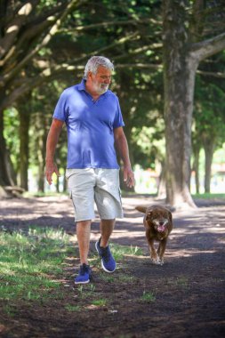 Yeşil park ortamında Labrador köpeği olan yaşlı bir Latin adamın portresi. İmaj, arkadaşlığı, sadakati, refahı ve sakin bir açık hava yaşam tarzını ifade eder..