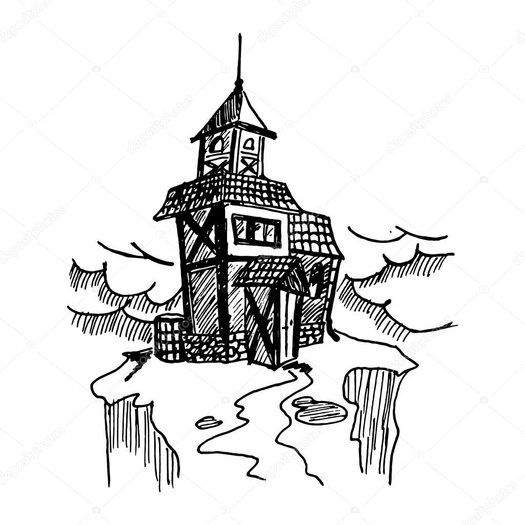 Black and white vintage etched art. Ink drawn ghotic clipart for sticker, tattoo, print. Old abandoned lonely ramshackle house with tiled roof, porch, tower and spire on rock cliff in bad weather.