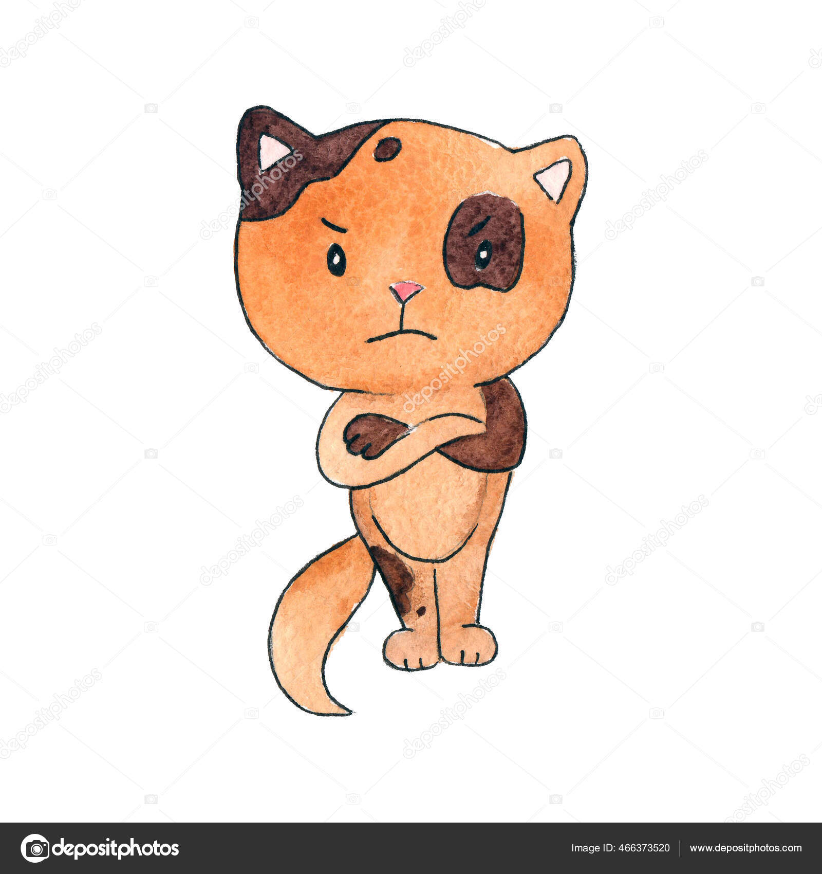 Watercolor illustration of an angry ginger cat. A kitten with