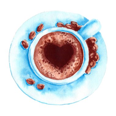 El yapımı suluboya klipsi. Klasik sanat çizimi. Beyaz arka planda tasarım elemanı. Bir fincan kahvenin en üst görüntüsü. Köpüklü sıcak içecek ve seramik tabakta kalp..